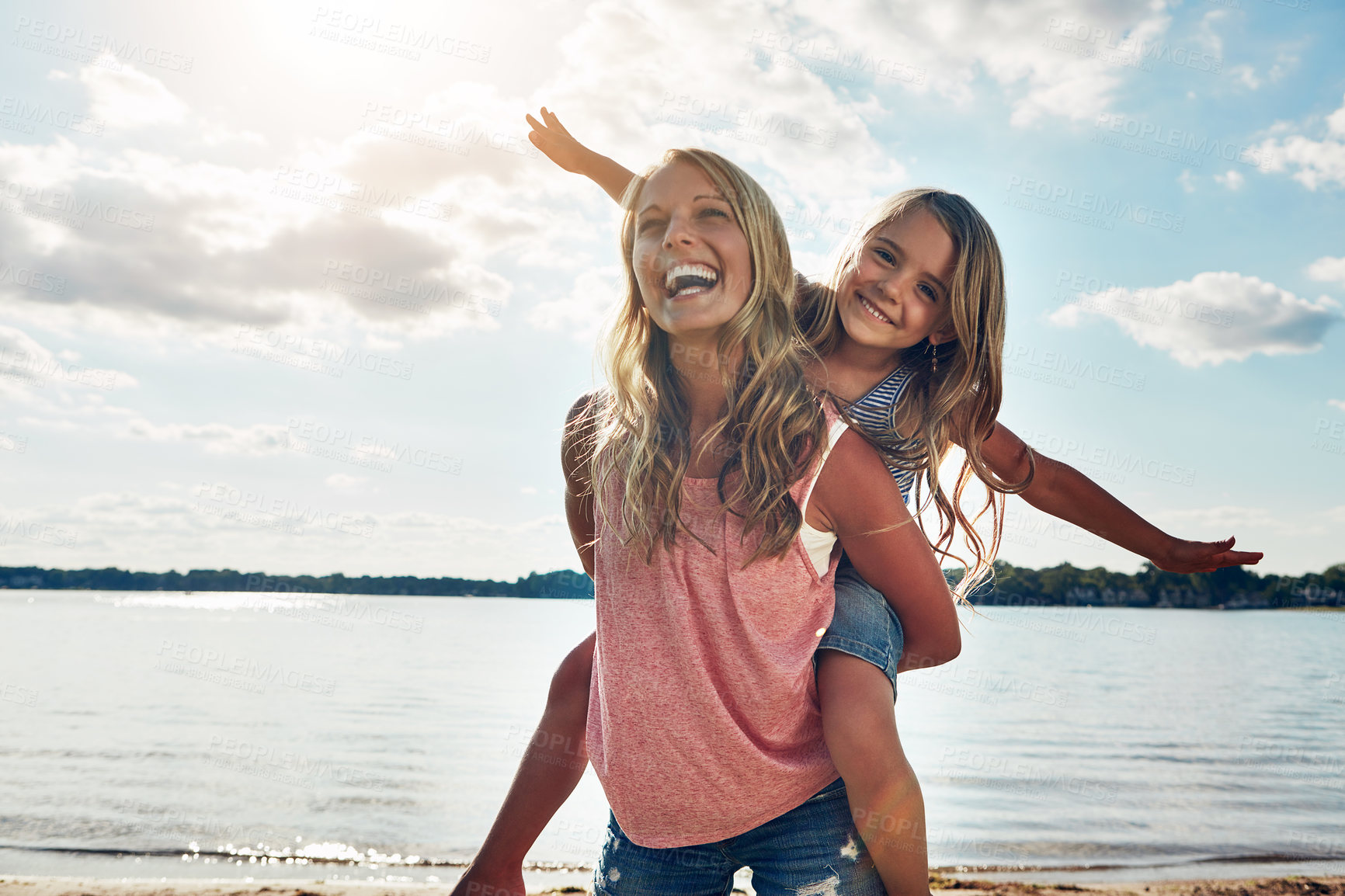 Buy stock photo Laughing, mom and child on beach with airplane, smile and playing on adventure holiday in Australia. Travel, mother and girl on ocean vacation with summer fun, happy and bonding together with games.