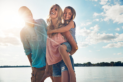 Buy stock photo Family, piggyback and vacation in beach, outdoor and travel for summer, holiday and nature in California. Parents, kids and adventure in tropical, sea and man with woman, together and children