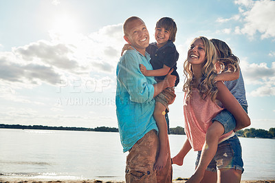 Buy stock photo Family, piggyback and vacation in beach, bonding and travel for summer, holiday and break in nature in California. Parents, kids and adventure in tropical, sea and man together with woman and youth