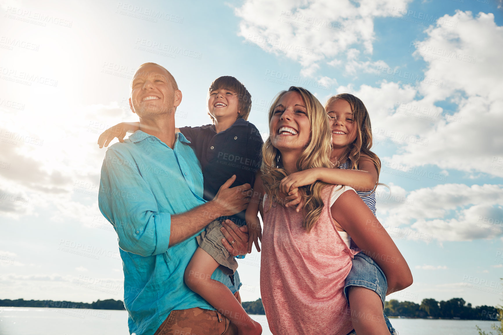 Buy stock photo Family, piggyback and vacation in beach, smile and travel for summer, holiday and break in nature  of California. Parents, kids and adventure in tropical, sea and man together with woman and youth