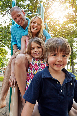 Buy stock photo Parents, park slide and portrait of kids in summer to relax with family on playground on vacation. Happy, holiday and children together for party, games or smile outdoor at school recess or break