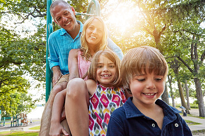 Buy stock photo Children, park slide and portrait of family in summer to relax with siblings on playground on vacation. Happy, holiday and kids together for party, games or smile outdoor at school recess or break