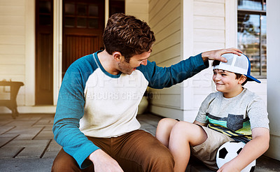 Buy stock photo Happy, ball and father with child or outdoor ready for playing soccer, sports and fun on porch. Family, parenting and dad with young boy talking, in conversation and backyard relax for bonding