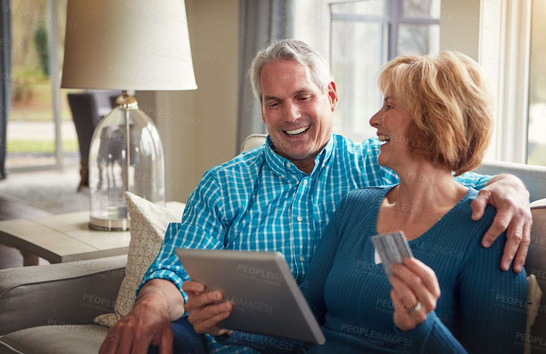 Buy stock photo Love, credit card or senior couple with tablet on sofa for bank, payment or investment growth review at home. Online shopping, ecommerce or happy old people in living room for poker, bingo or sign up