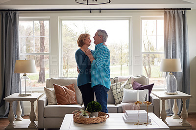 Buy stock photo Love, holding hands and senior couple dance in house with music, bonding and fun at home together. Radio, marriage and old people moving to audio, streaming or retirement celebration in living room