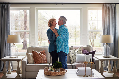 Buy stock photo Love, holding hands or happy senior couple dance in house for music, bonding or fun at home together. Radio, marriage or old people moving to audio, streaming or retirement celebration in living room