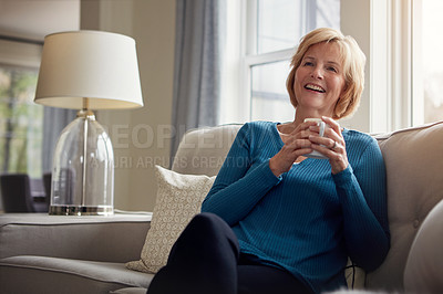 Buy stock photo Happy, thinking and senior woman on sofa with coffee, relax and nostalgic morning reflection at home. Remember, calm and elderly female person with tea break in living room for peace, memory or pride