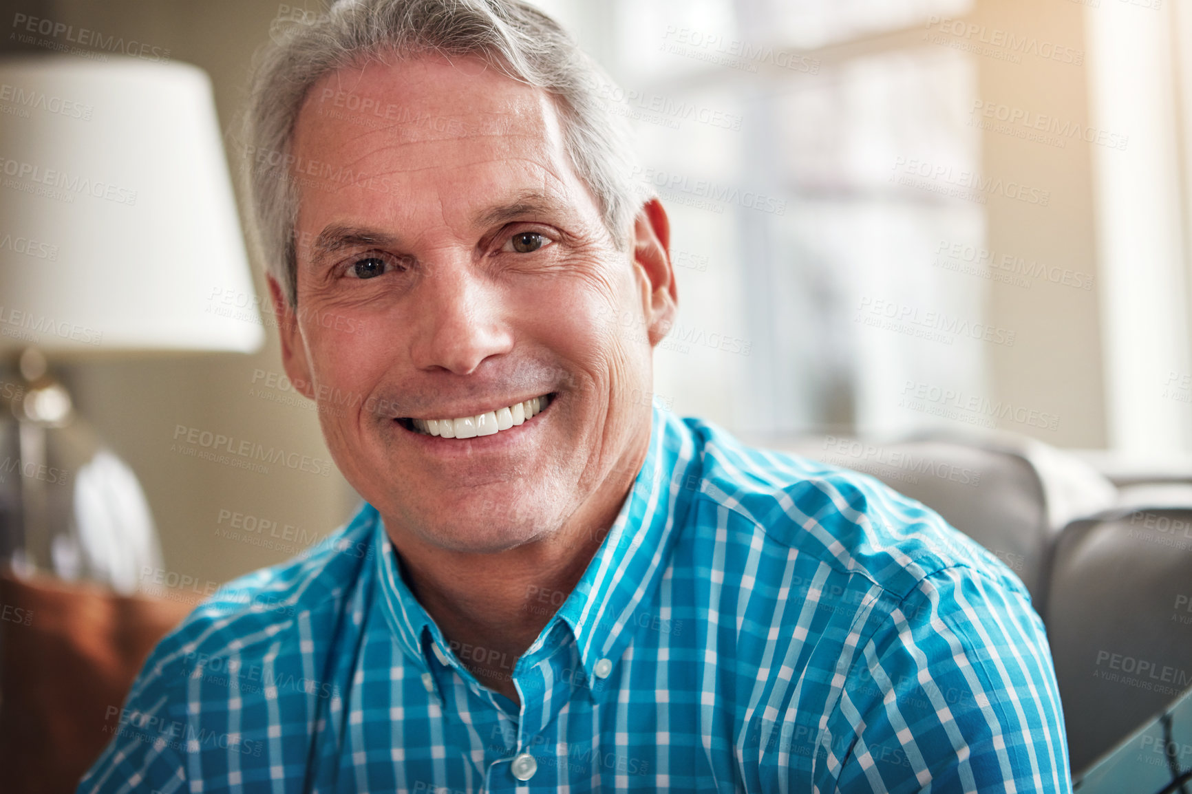Buy stock photo Happy, portrait and relax with old man on sofa in home for weekend break, comfortable and morning rest. Smile, calm and me time with senior person in living room of apartment for retirement and peace