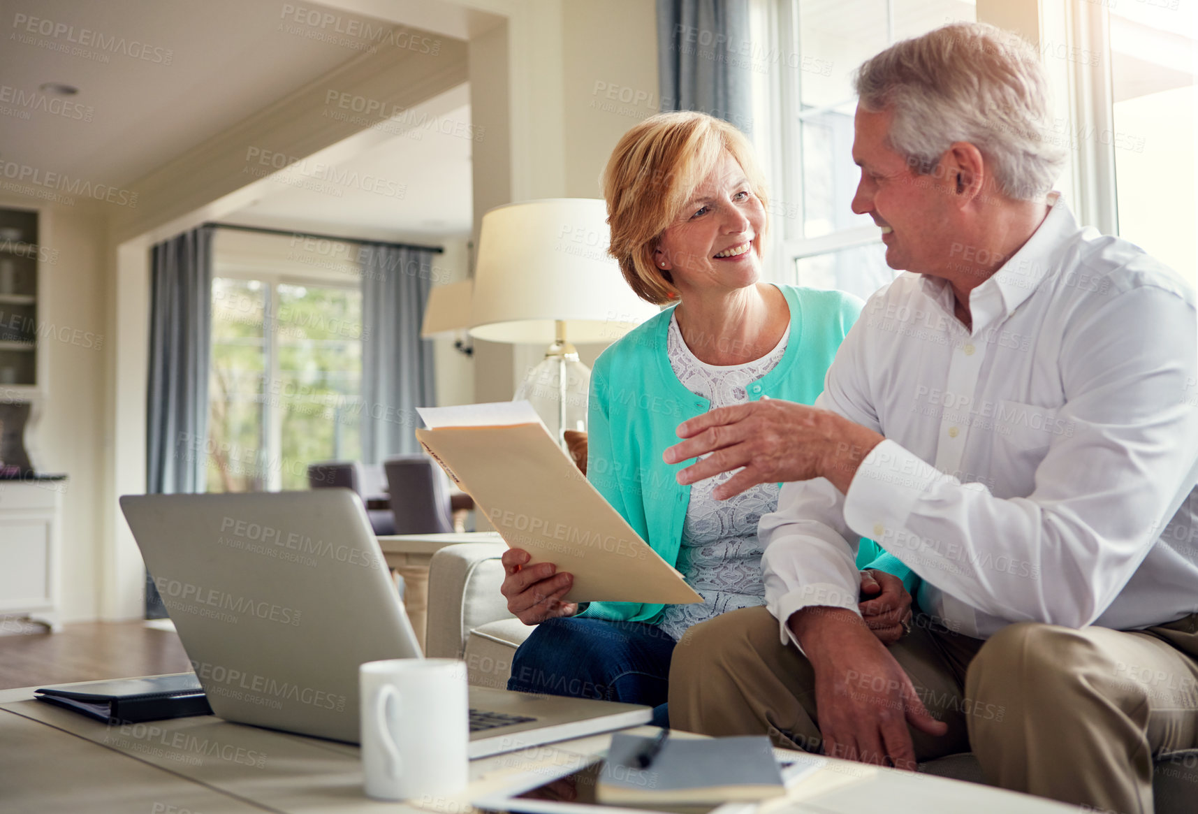 Buy stock photo Paperwork, laptop and mature couple on sofa with financial report, insurance and investment in home. Retirement, marriage and senior man and woman on computer for finance budget, pension or mortgage