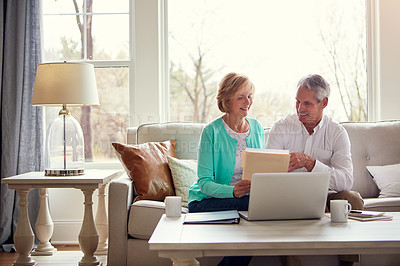 Buy stock photo Documents, laptop and mature couple in home with financial report, insurance and investment. Retirement, marriage and senior man and woman on computer for finance, pension and internet banking