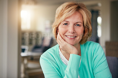 Buy stock photo Portrait of a mature woman relaxing at home