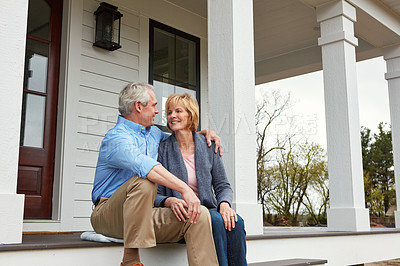 Buy stock photo House, outdoor and hug with senior couple with love, real estate and happiness with relationship, marriage and retirement. Home, front yard or old man with mature woman, embrace and bonding together