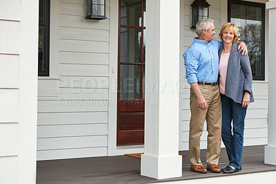 Buy stock photo Home, outdoor and senior couple with love, hug and happiness with relationship, property and retirement. House, real estate and old man with mature woman, embrace and bonding together with marriage