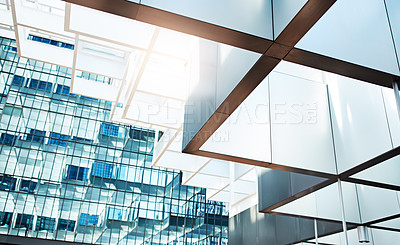 Buy stock photo Low angle shot of the inside of a corporate office