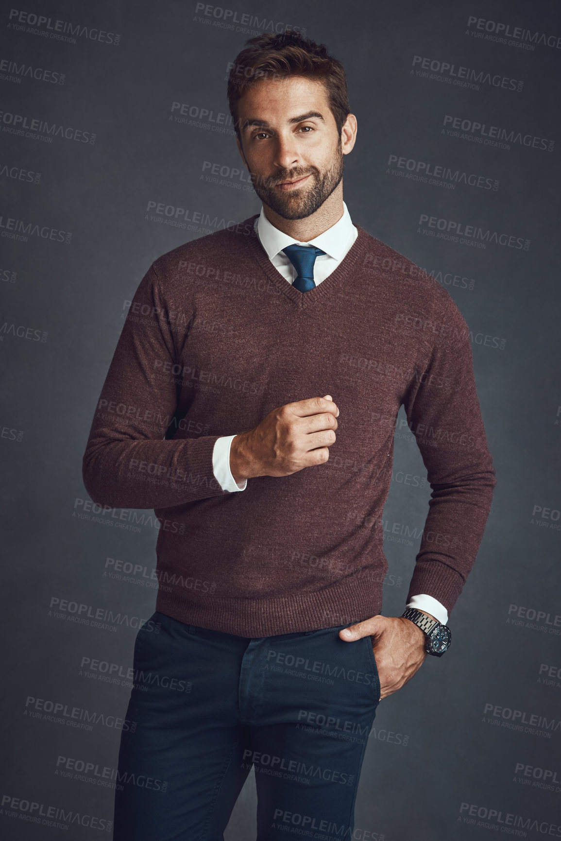 Buy stock photo Employee, man and smile on portrait for fashion in studio on gray background as lawyer in Spain. Business person, proud and happy in confidence on career growth or opportunity with style and elegant