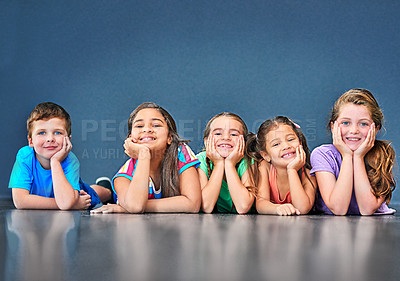 Buy stock photo Friends, happy and portrait of children on wall background for back to school, education and academy. Students, youth and group of kids with smile for learning, scholarship and diversity in studio