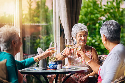 Buy stock photo Cheers, wine glasses and senior women or friends in retirement, reunion or social celebration, success and happy. Champagne, celebrate and elderly people or customer toast, restaurant and hospitality