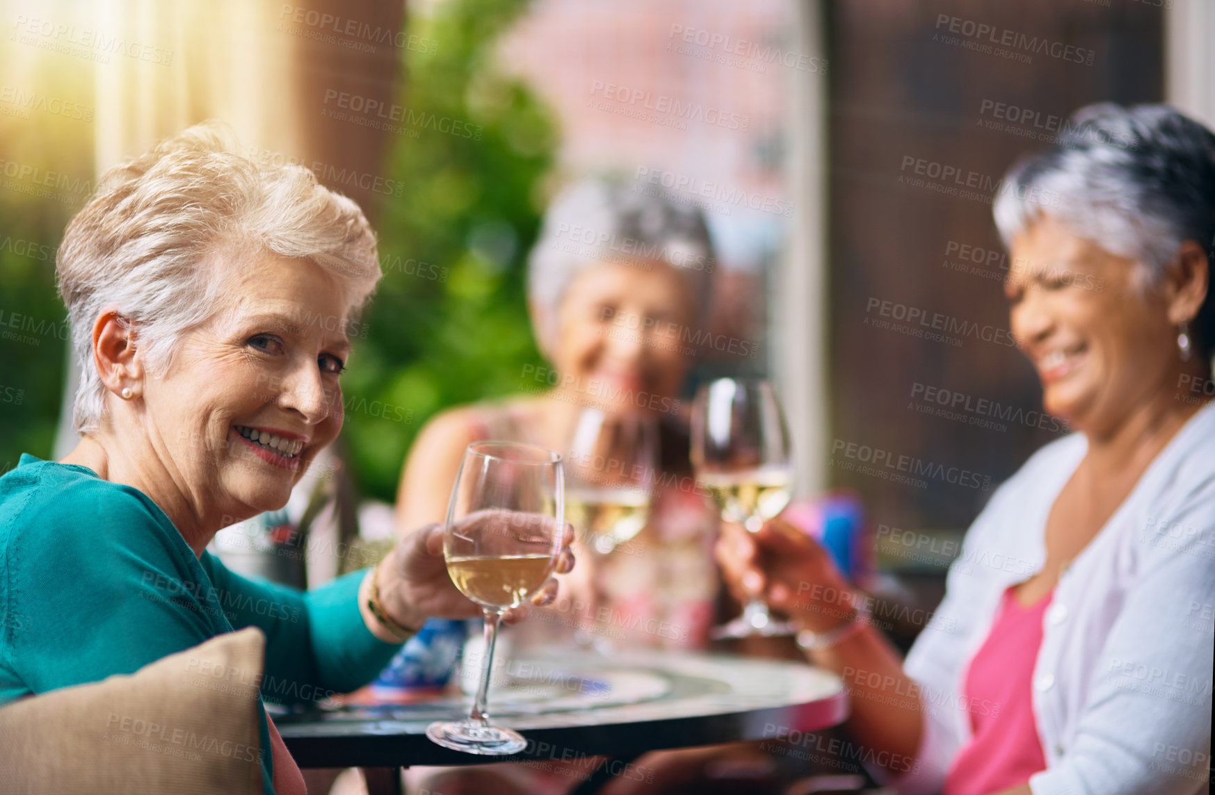 Buy stock photo Lunch, wine and portrait with elderly friends in restaurant for bonding, date and relax. Retirement, hospitality and happiness with group of senior people with drink for social, memory and support