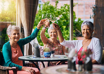 Buy stock photo Cheers, wine and portrait with old women in restaurant for bonding, lunch and relax. Retirement, hospitality and happiness with senior friends with drink for social celebration, memory and support
