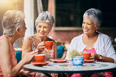 Buy stock photo Coffee shop, happy and senior women talking, discussion and having friends reunion, retirement chat or social group.  Restaurant, tea and elderly people in conversation for pension, discount and cafe