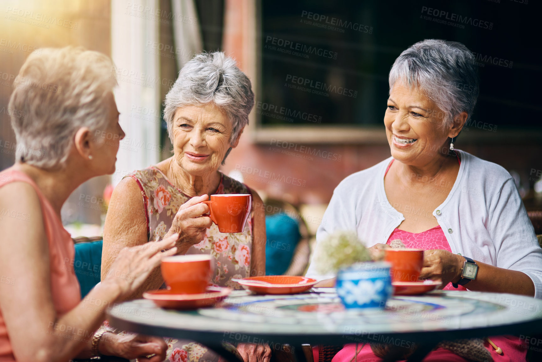 Buy stock photo Coffee shop, happy and senior women talking, discussion and having friends reunion, retirement chat or social group.  Restaurant, tea and elderly people in conversation for pension, discount and cafe