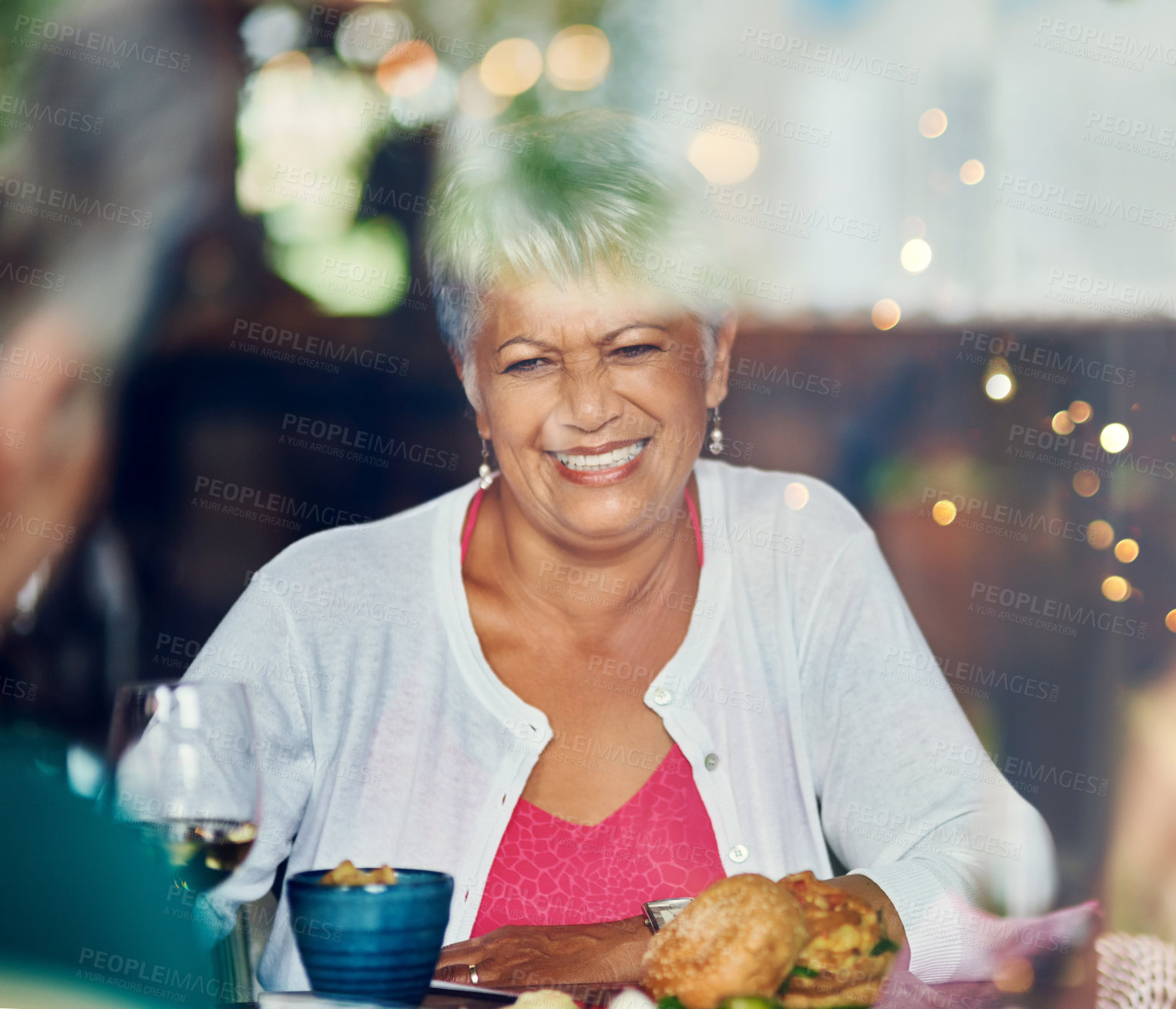 Buy stock photo Friends, food and smile with old woman in restaurant for relax, brunch date and wine. Retirement, hospitality and catering with senior people in cafe for drink, bonding and celebration together