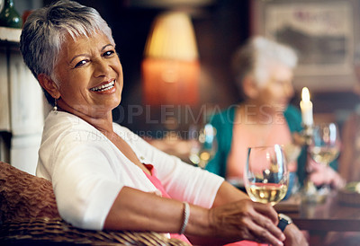 Buy stock photo Cropped portrait of a senior woman enjoying a lunch date with some friends