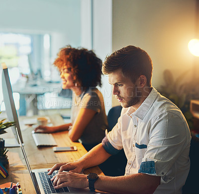 Buy stock photo Teamwork, typing and man in night, deadline and laptop for working late in project. Business, colleagues and partnership for web design, creative and dark in workspace, woman and online in office