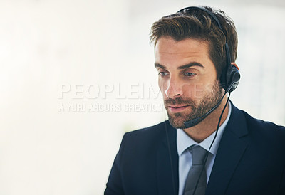 Buy stock photo Help desk, listening and phone call with man, headset and consultant at customer service agency. Tech support, telemarketing sales and virtual assistant at callcenter in conversation at crm office.
