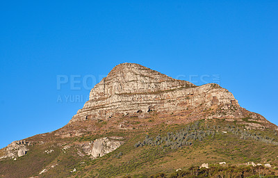 Buy stock photo scenic landscape view of Lions Head in Cape Town, South Africa against a clear blue sky background from below with copyspace. Beautiful panoramic of an iconic landmark and famous travel destination