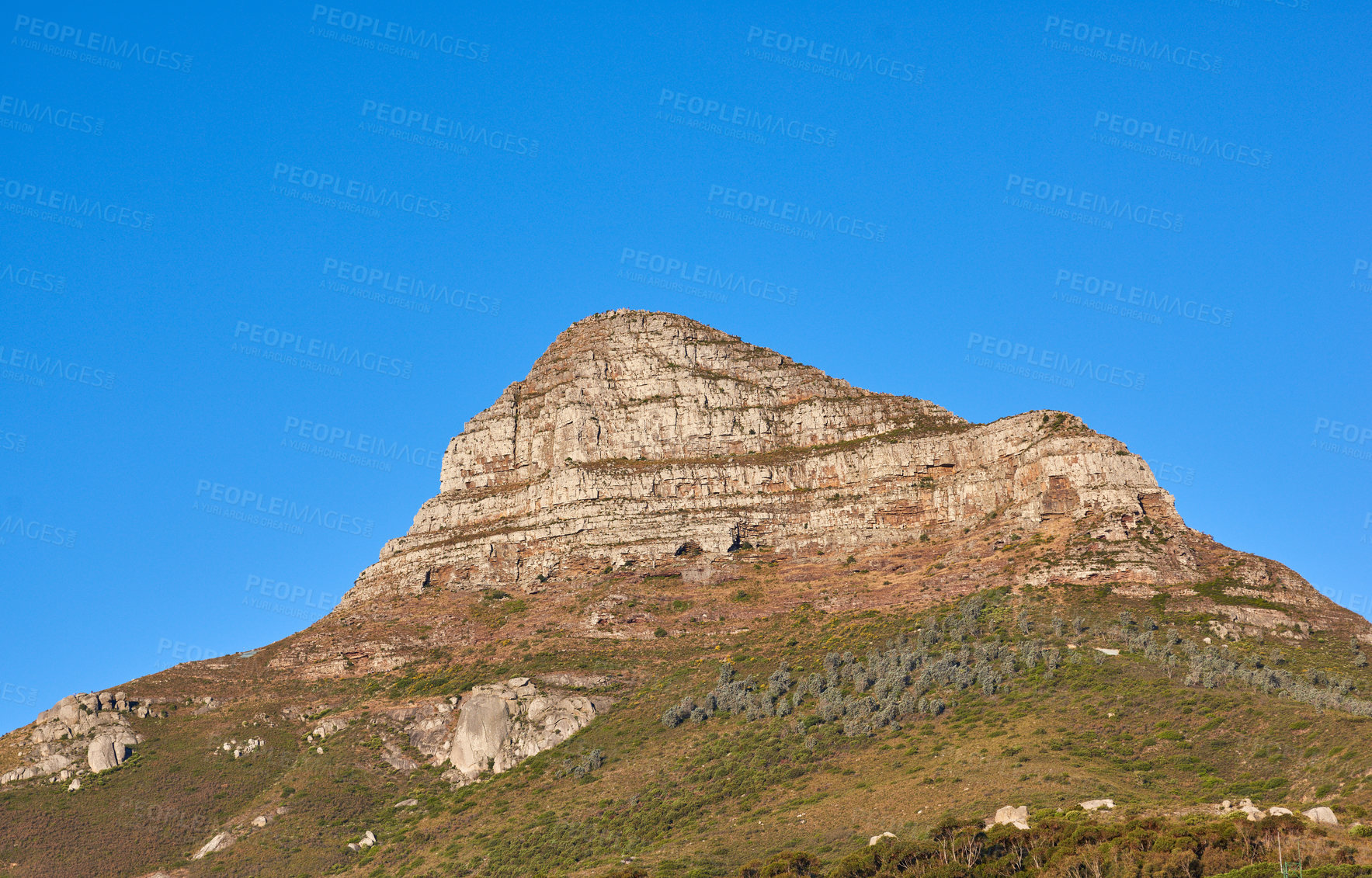 Buy stock photo scenic landscape view of Lions Head in Cape Town, South Africa against a clear blue sky background from below with copyspace. Beautiful panoramic of an iconic landmark and famous travel destination