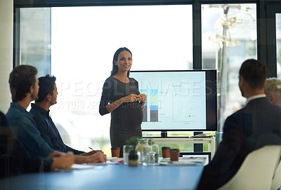 Buy stock photo Pregnant, business woman meeting and conference presentation at a teamwork workshop with speech. Manager, female speaker pregnancy and company learning with staff and boss with graph strategy