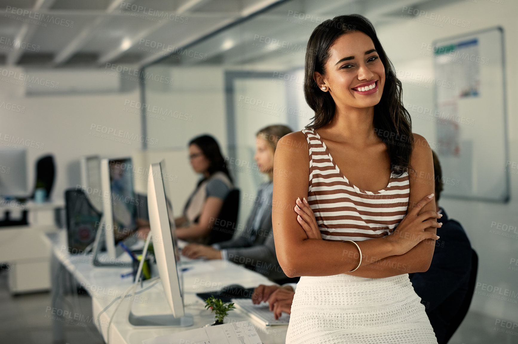 Buy stock photo Portrait, business people and woman in office, arms crossed and happiness with smile, confidence and startup. Face, employees and journalist with magazine editor, copywriting and publisher with ideas