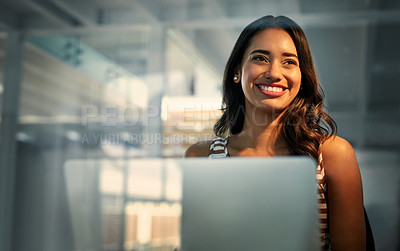 Buy stock photo Laptop, thinking and glass with a business woman in the office, working while sitting at her desk. Computer, idea or smile and a happy young female employee with a vision of the future at work