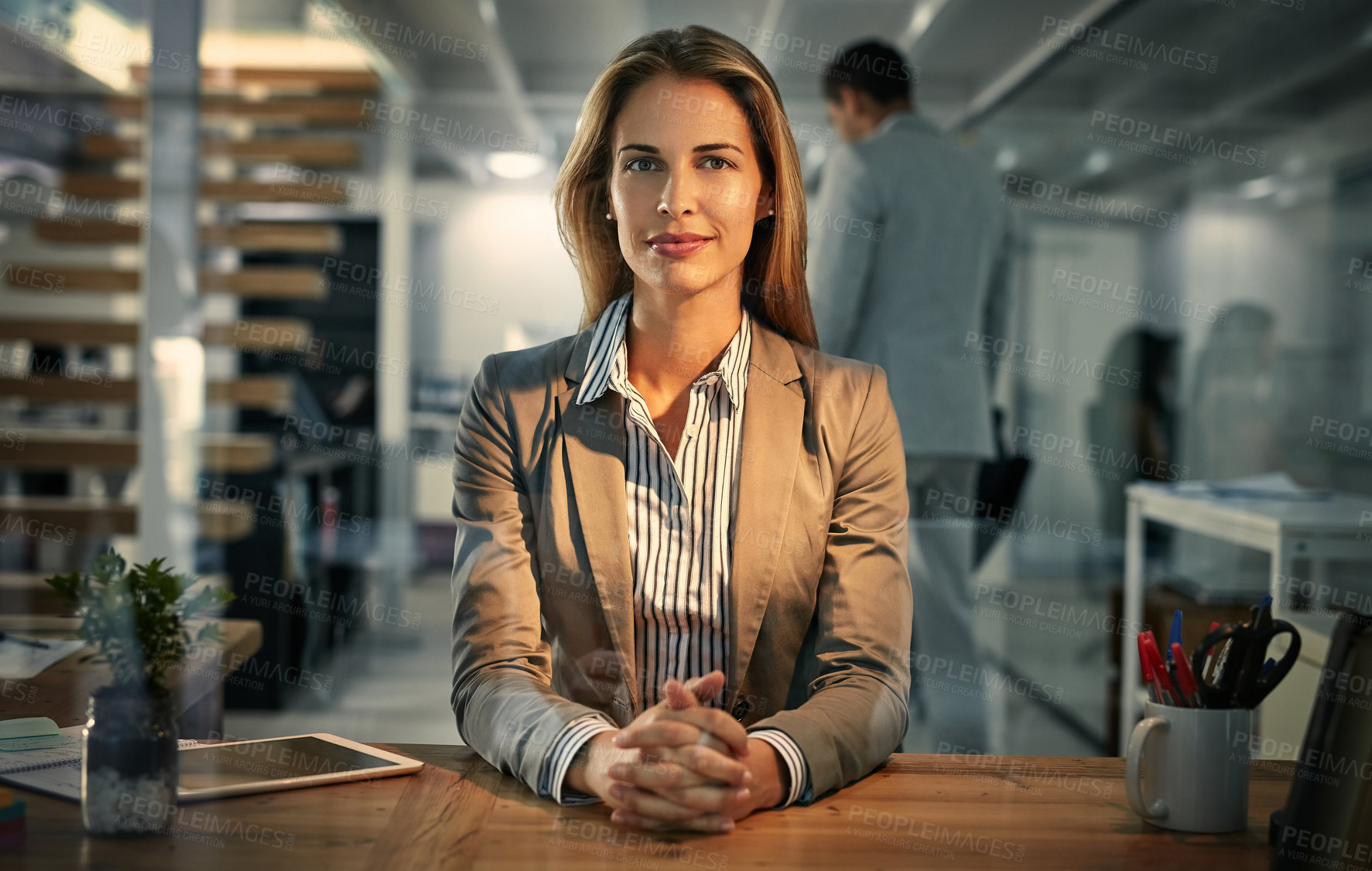 Buy stock photo Woman, portrait and accountant in office at night, professional consultant and advisor for finance. Female person, employee and late shift for deadline at desk, accounting and ready for opportunity