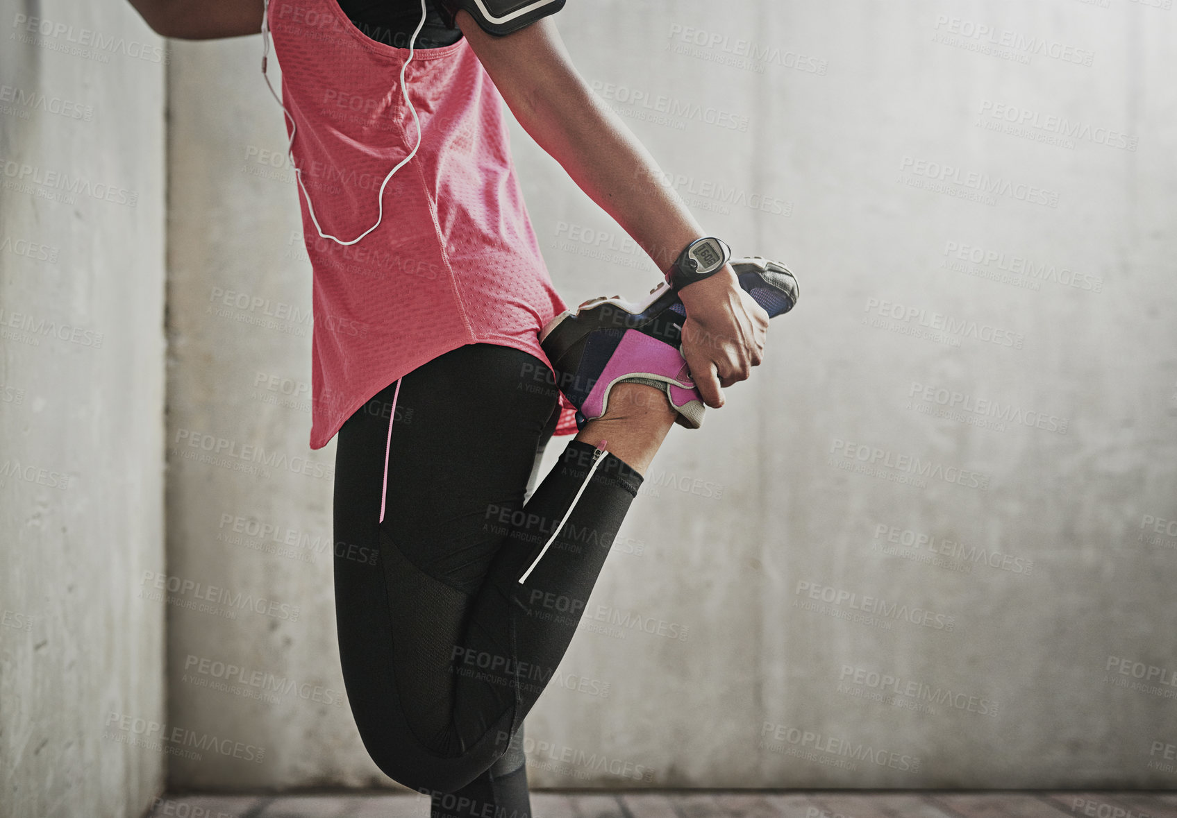 Buy stock photo Fitness, foot and stretching with sports person on concrete wall background for training preparation. Exercise, getting ready and warm up with athlete person on mockup space for running workout