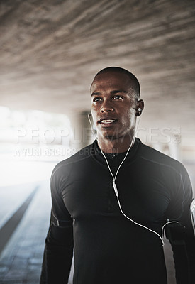 Buy stock photo Man, face and music for exercise outdoor with thinking, listening to podcast and fitness for healthy body. Athlete, african person and earphones with audio, radio and sound for workout and training