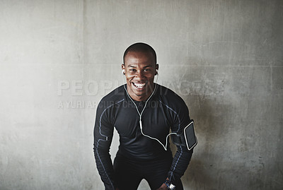 Buy stock photo Man, portrait and earphones for fitness outdoor with listening, podcast or exercise for healthy body with mockup. Athlete, african person or arm pouch with phone for music, radio or happy for workout