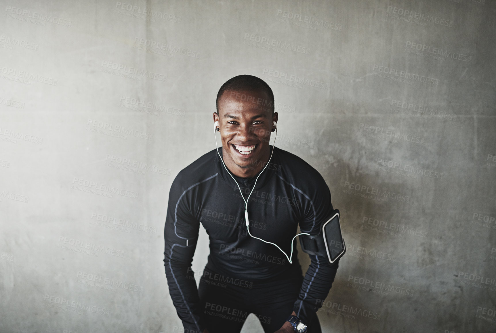 Buy stock photo Man, portrait and earphones for fitness outdoor with listening, podcast or exercise for healthy body with mockup. Athlete, african person or arm pouch with phone for music, radio or happy for workout