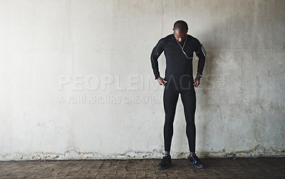 Buy stock photo Man, relax and music for fitness outdoor with mockup space, listening to podcast or exercise for healthy body. Athlete, african person and earphones with audio, rest or sound for workout and training