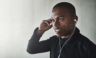Buy stock photo Man, face and music for fitness outdoor with thinking, listening to podcast and happiness for healthy body. Athlete, african person and earphones with audio, radio and sound for workout and mockup