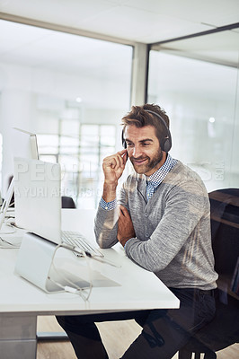 Buy stock photo Call center, man and happy talking in office or consultant in conversation with a client, customer support or employee on computer. Contact us, businessman or communication for help, crm or service
