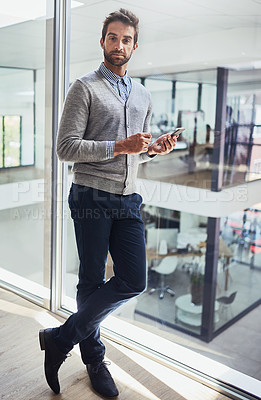 Buy stock photo Confidence, portrait and businessman with cellphone for contact, communication and working in job for corporate career. Serious, office worker and broker with technology for internet in workspace