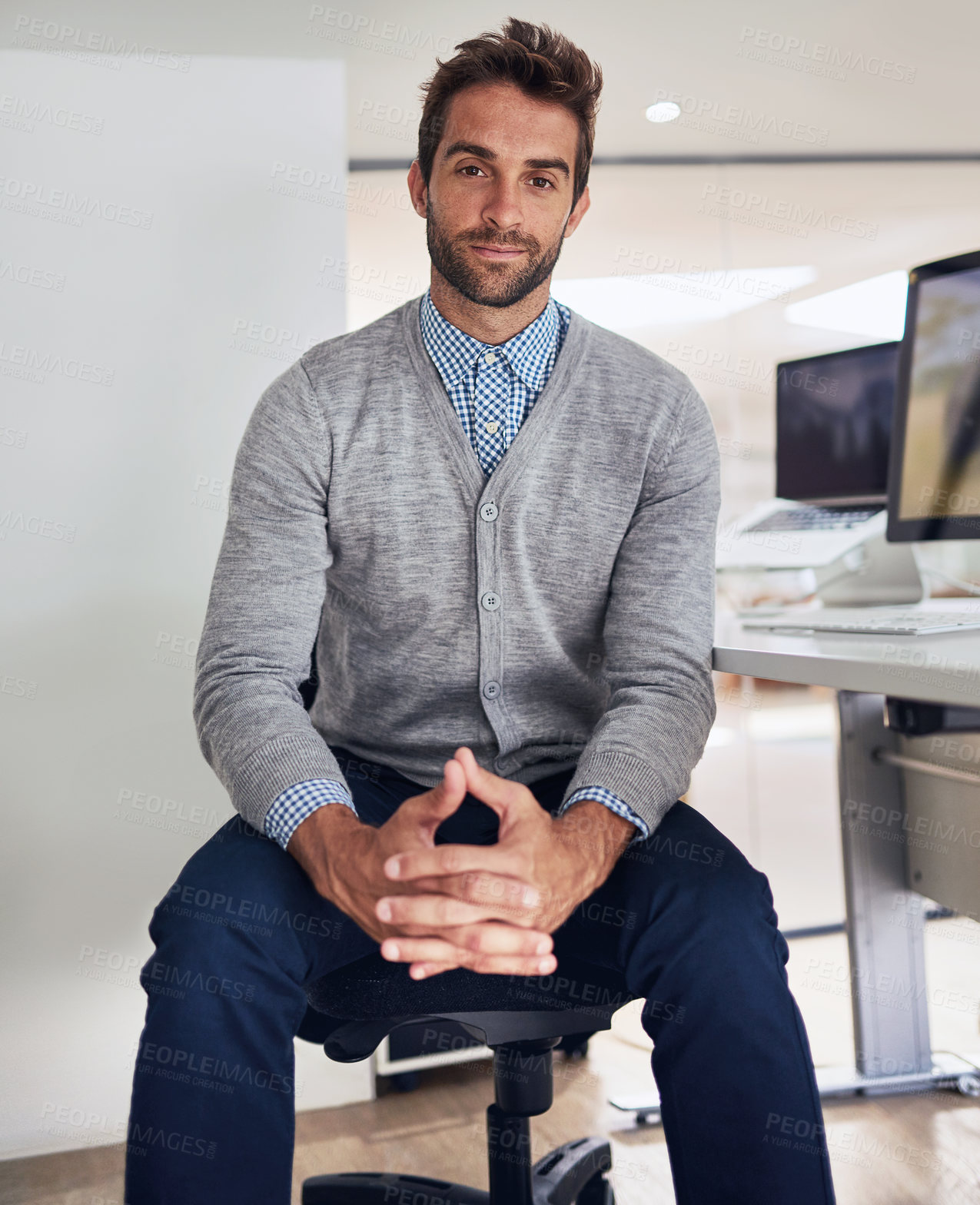 Buy stock photo Happy, businessman and hands in portrait with computer for  pride in career or job at company startup. Corporate man or entrepreneur and smile for confidence, hope and trust with new workplace