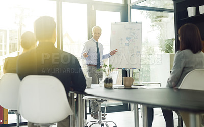 Buy stock photo Presentation, graphs or man by board for talking, business advice or charts report in meeting for growth. Teaching, workshop or mature leader teaching in mentorship, training or coaching for learning