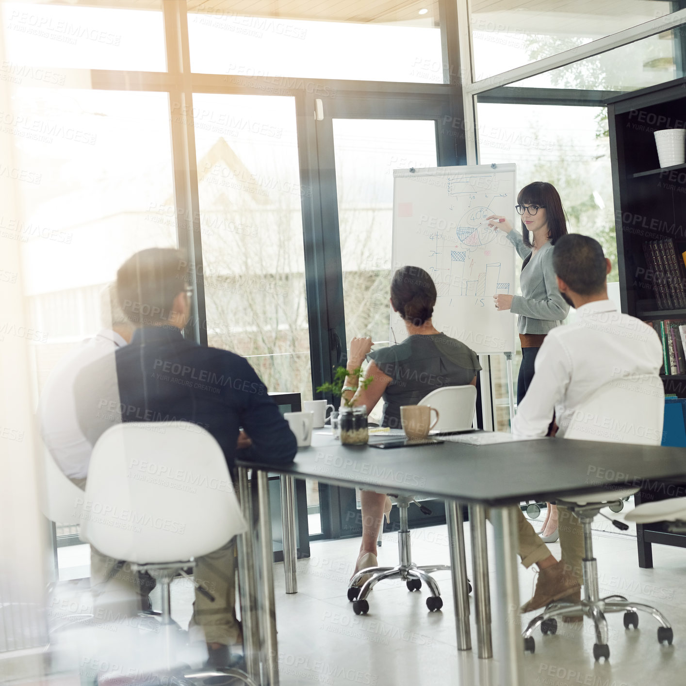 Buy stock photo Meeting, teamwork and business people planning in a office brainstorming for a corporate project. Collaboration, whiteboard and professional employees working on a report in workplace conference room