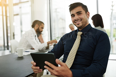 Buy stock photo Tablet, meeting and portrait of business man in office for planning, private equity associate and research. Portfolio management, risk analysis and capital investment with person in finance firm