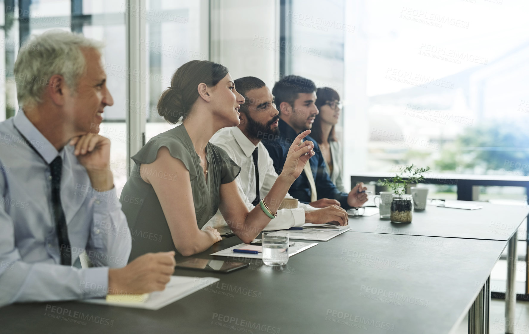 Buy stock photo Business people, conference and panel for presentation in office with proposal plan, ideas pitch and question. Stakeholders, diversity group and seminar event in boardroom for financial budget review