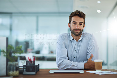 Buy stock photo Businessman, portrait and desk with coffee, laptop and confidence for work, job and career. Business consultant, tech and face in office for company, investment and networking or growth in Spain