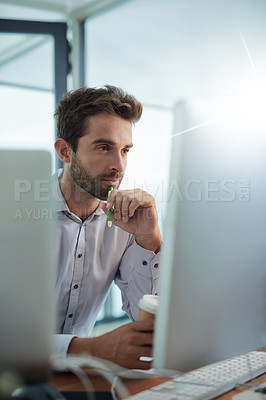 Buy stock photo Solution, computer or businessman trading in office for stock market, report or cryptocurrency research. Laptop, thinking or financial trader reading news to check economy or investment growth online